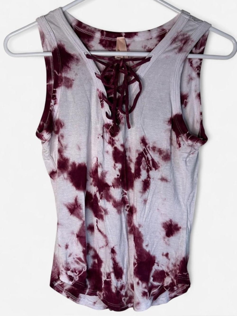 LunaChix Tie Dye Lace Up Tank Top - Size Medium - Burgundy White Sleeveless Boho